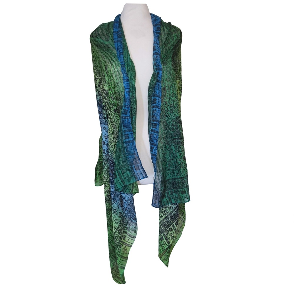 Lovestitch Blue Green Paisley Sheer California Boho Shawl Wrap Scarf 36 X 74
